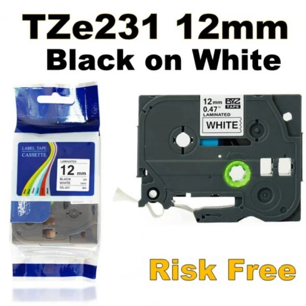 Compatible Brother TZe231 12mm Black Text On White Tape - 8 metres
