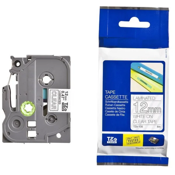 Compatible Brother TZe135 12mm While Text On Clear Tape - 8 metres